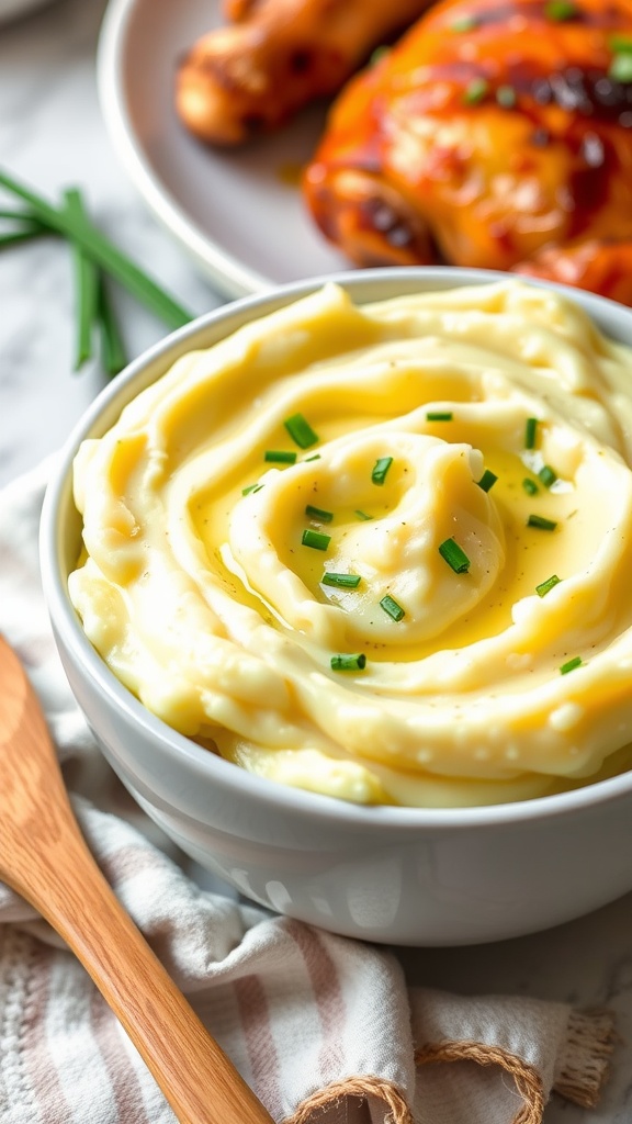 Delicious Roasted Garlic Mashed Potatoes Recipe Creamy roasted garlic mashed potatoes in a bowl, garnished with chives, with roasted chicken in the background.